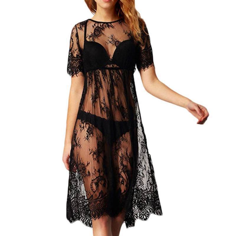 Women Hollow Out Transparent Dress Sleeve Beach Dress