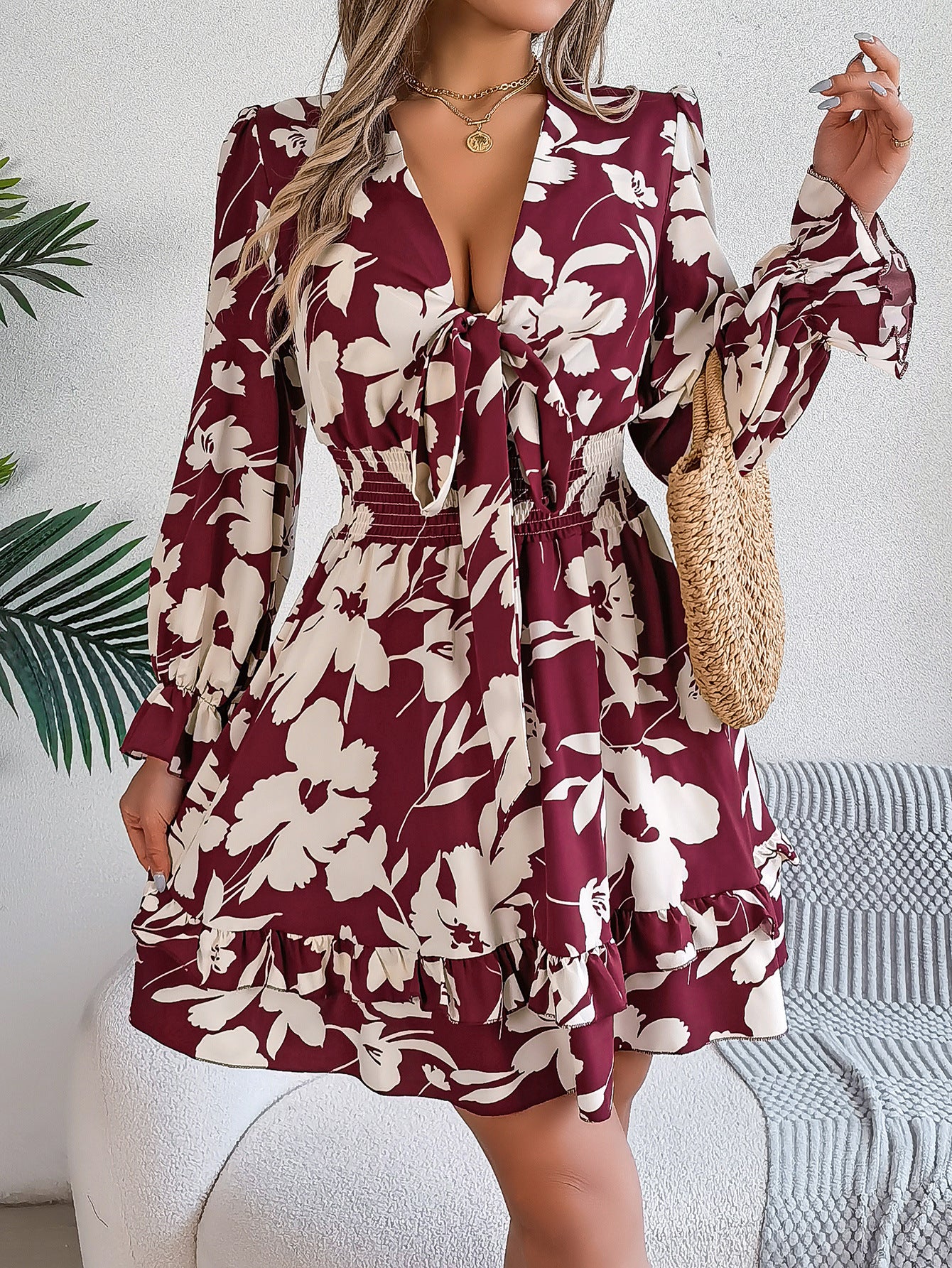 Women's Casual Flower Half Sleeve Ruffled A-line Dress