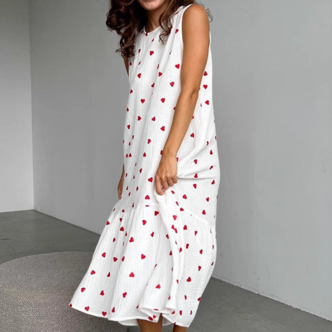 Heart Printing Cotton Sling Loose Long Dress