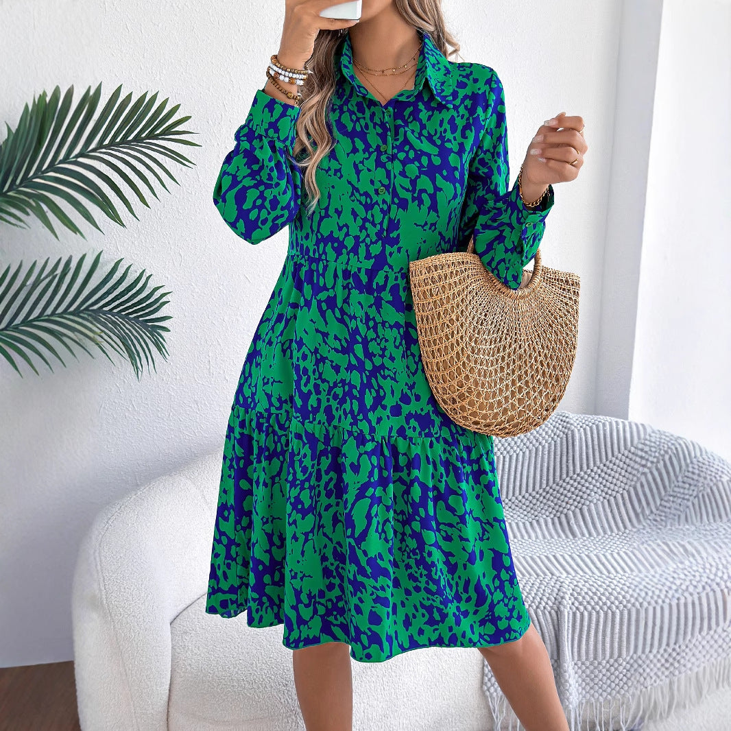 Casual Loose Contrast Color Leopard-print Long-sleeved Shirt Dress