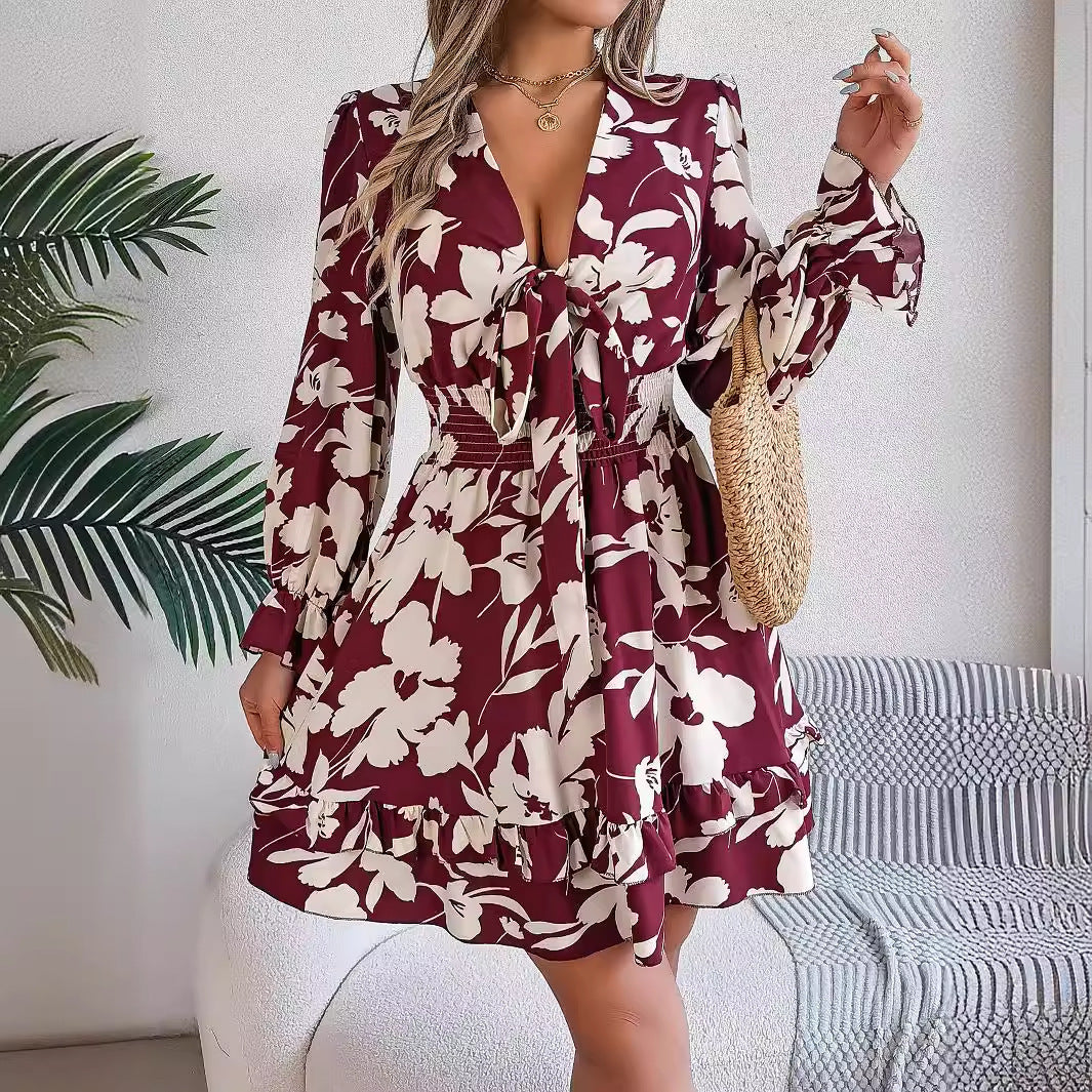 Women's Casual Flower Half Sleeve Ruffled A-line Dress