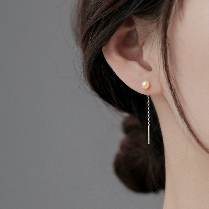 Sterling Silver Needle Pearl Ear String Female Earrings Long Temperament