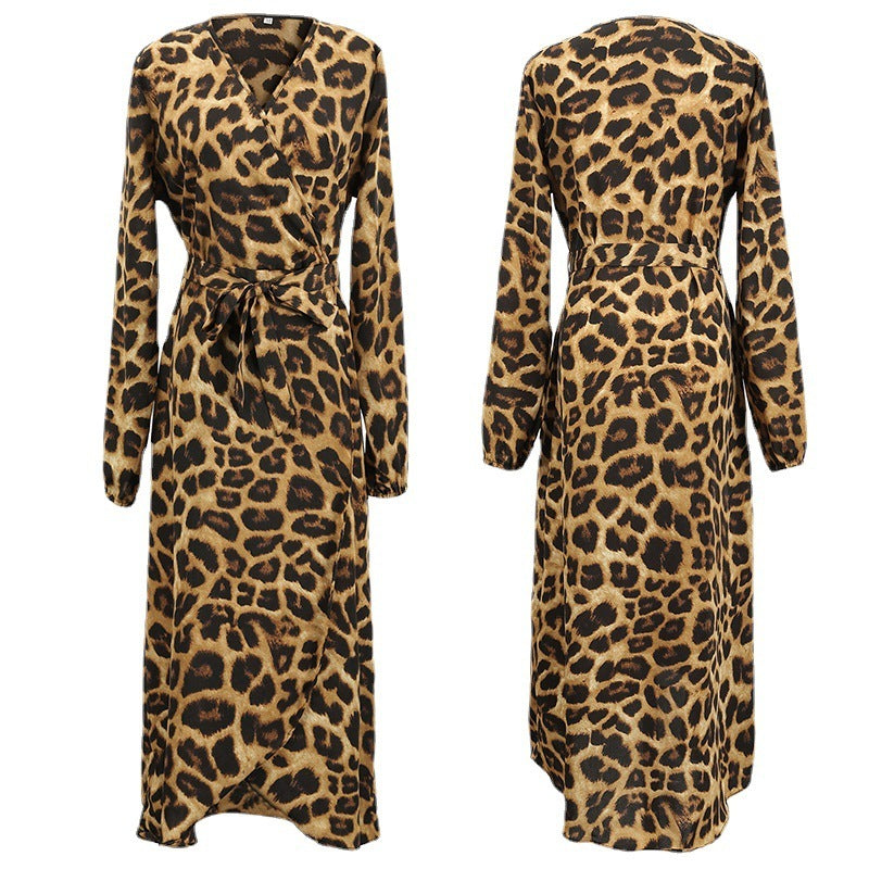 Leopard Print Autumn Skirt V-neck Long Sleeve Lace-up Dress