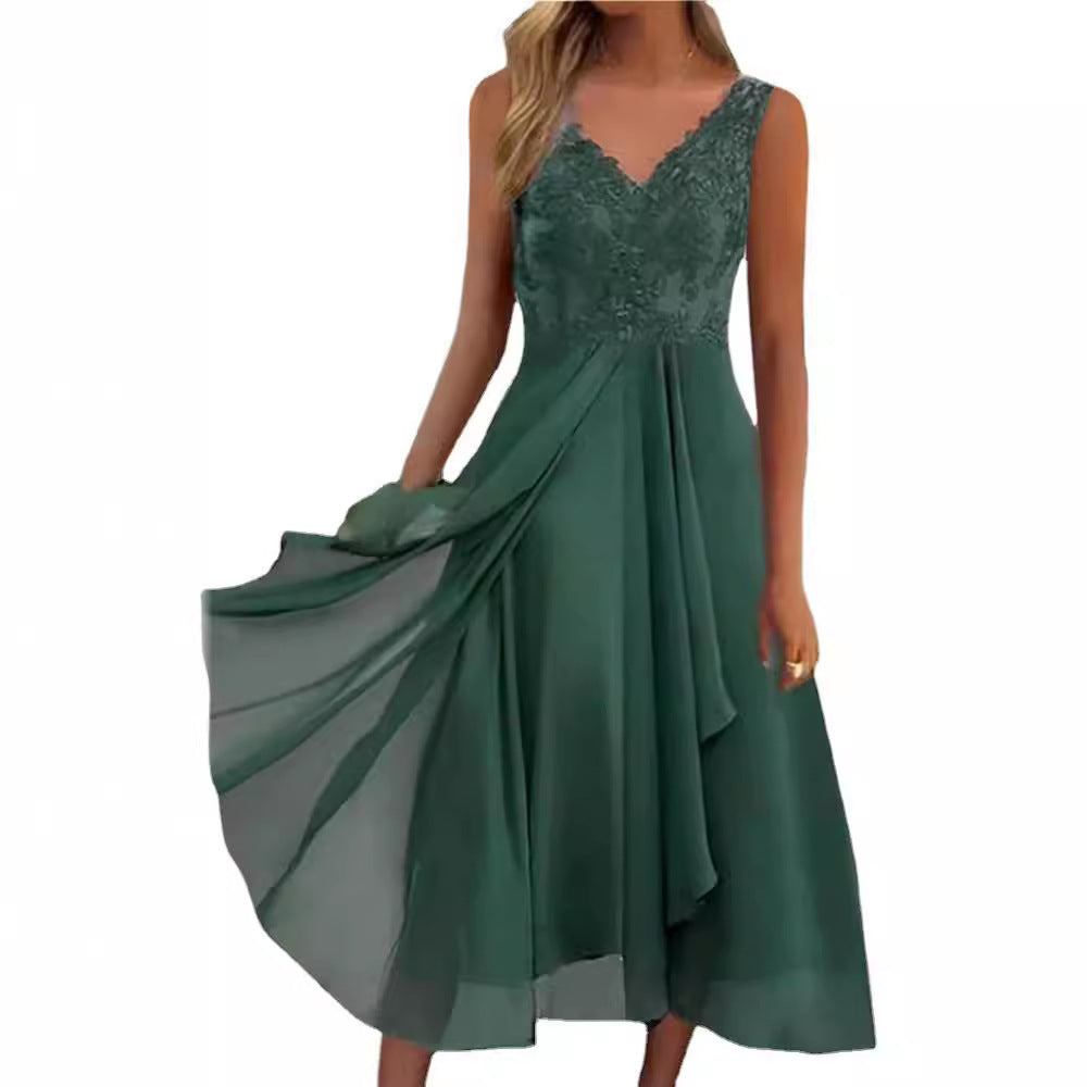 Sleeveless Dress Chiffon Stitching Lace Hollow Women