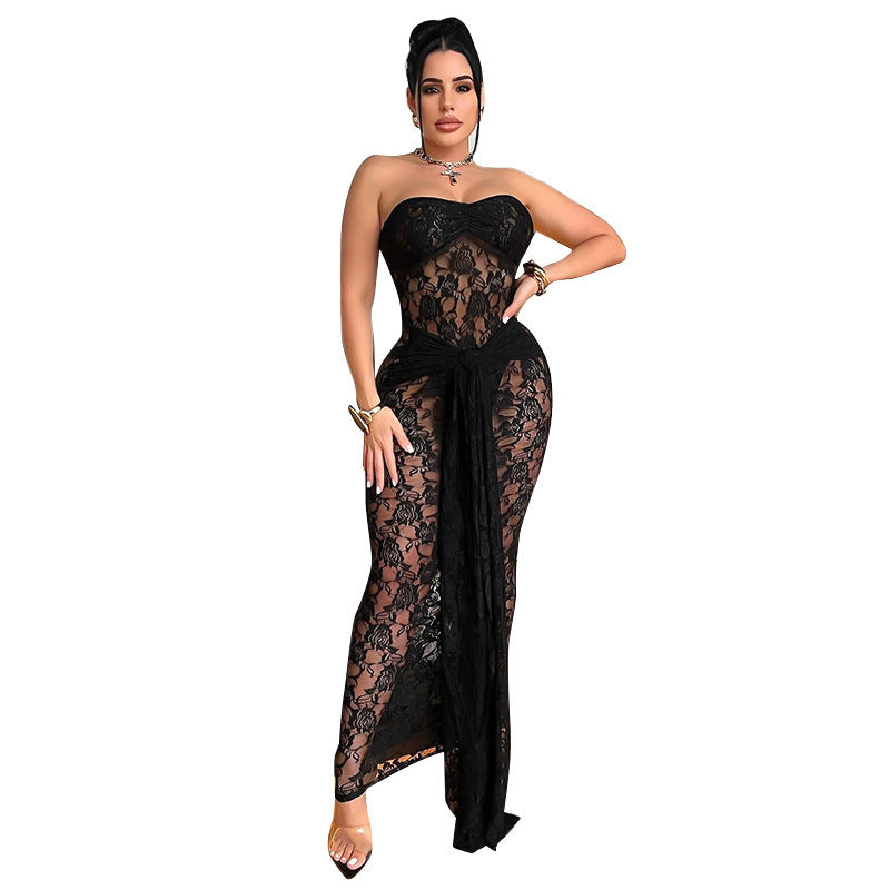 Woman Style Lace Chest Wrap Backless Midi Dress