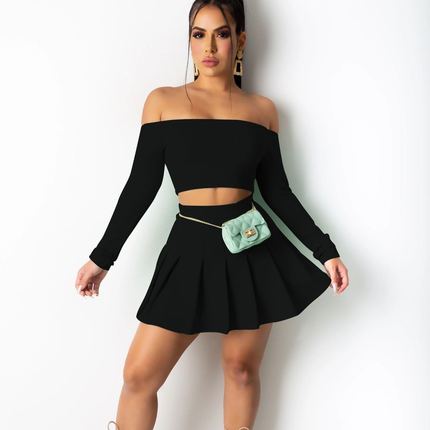 Sexy Fashion Chest Wrap Midriff Outfit Draped Dress Two-piece Set