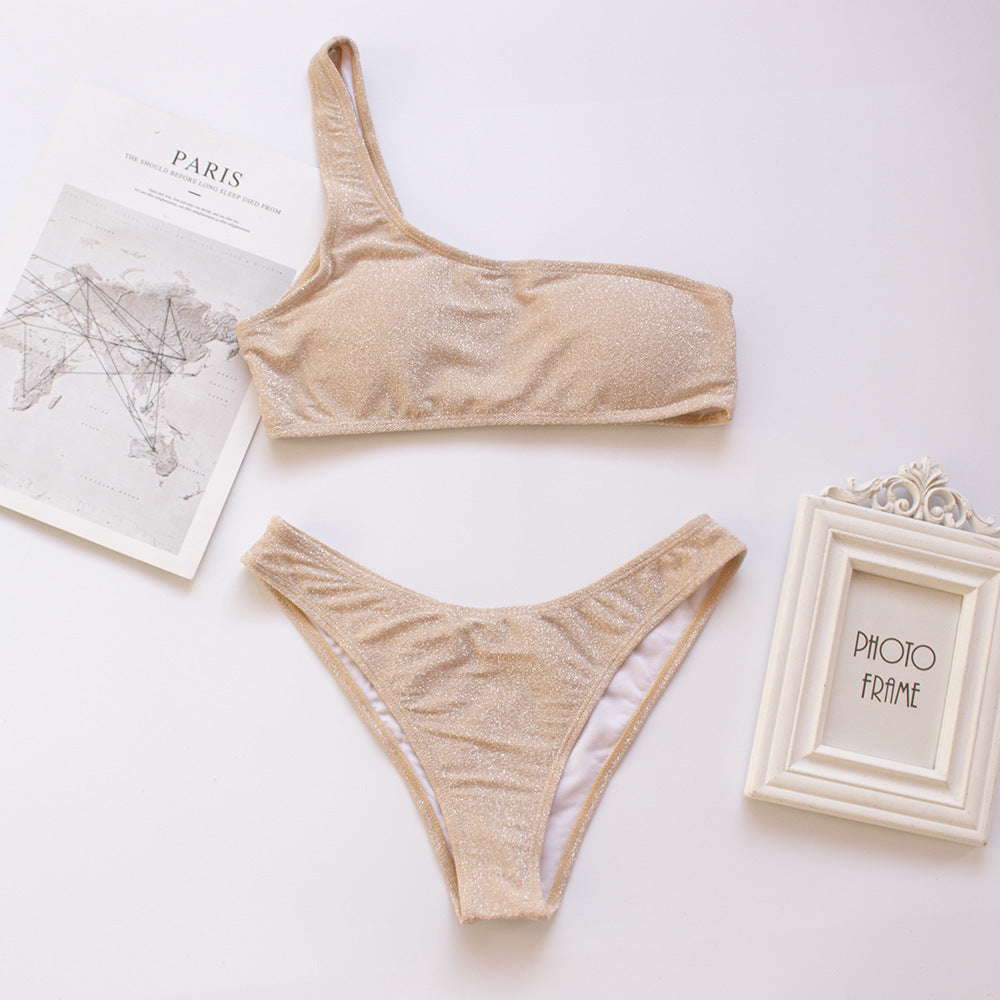 Silver Silk Swimsuit Oblique Shoulder Bikini Shiny