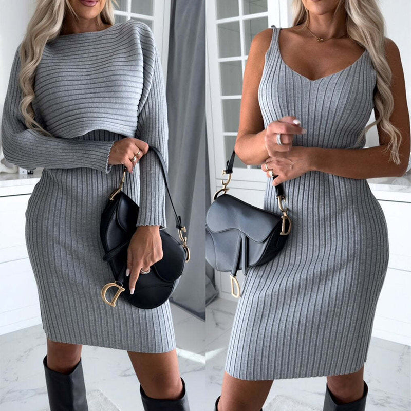 Solid Stripe Long-sleeved Top And Tight Suspender Skirt Fashion Autumn Winter Slim Clothing