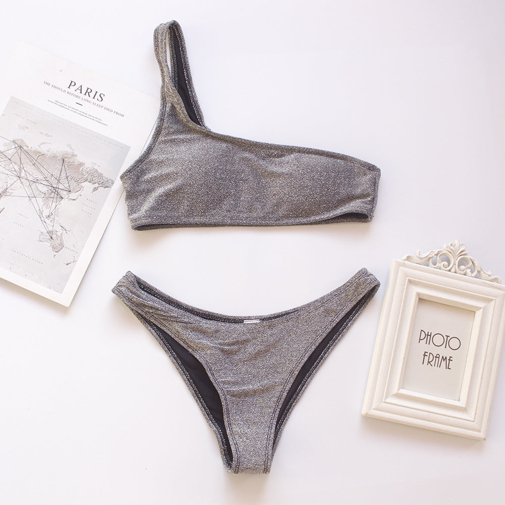 Silver Silk Swimsuit Oblique Shoulder Bikini Shiny
