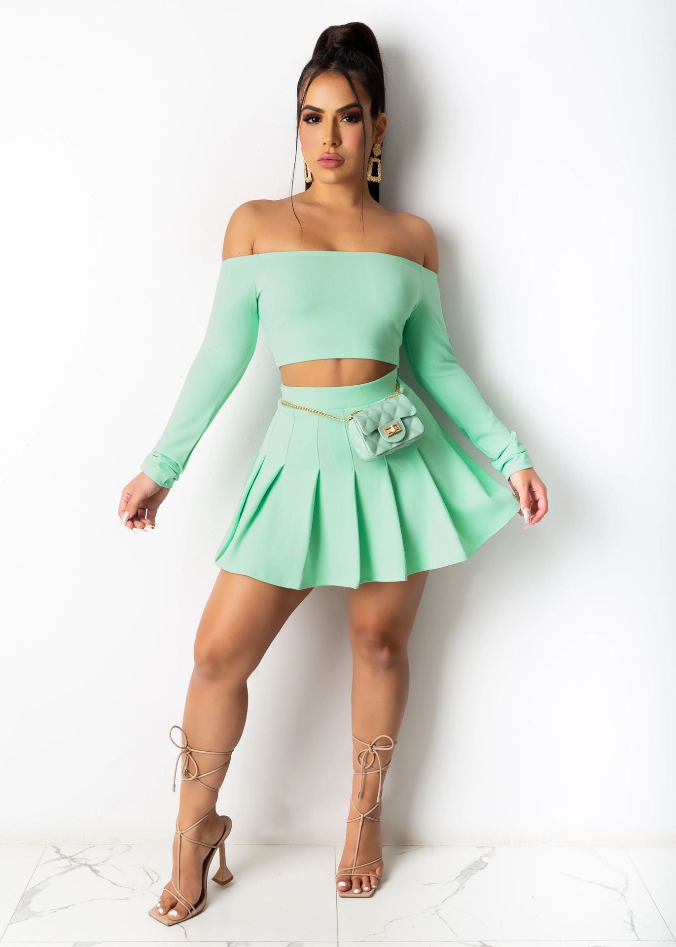 Sexy Fashion Chest Wrap Midriff Outfit Draped Dress Two-piece Set