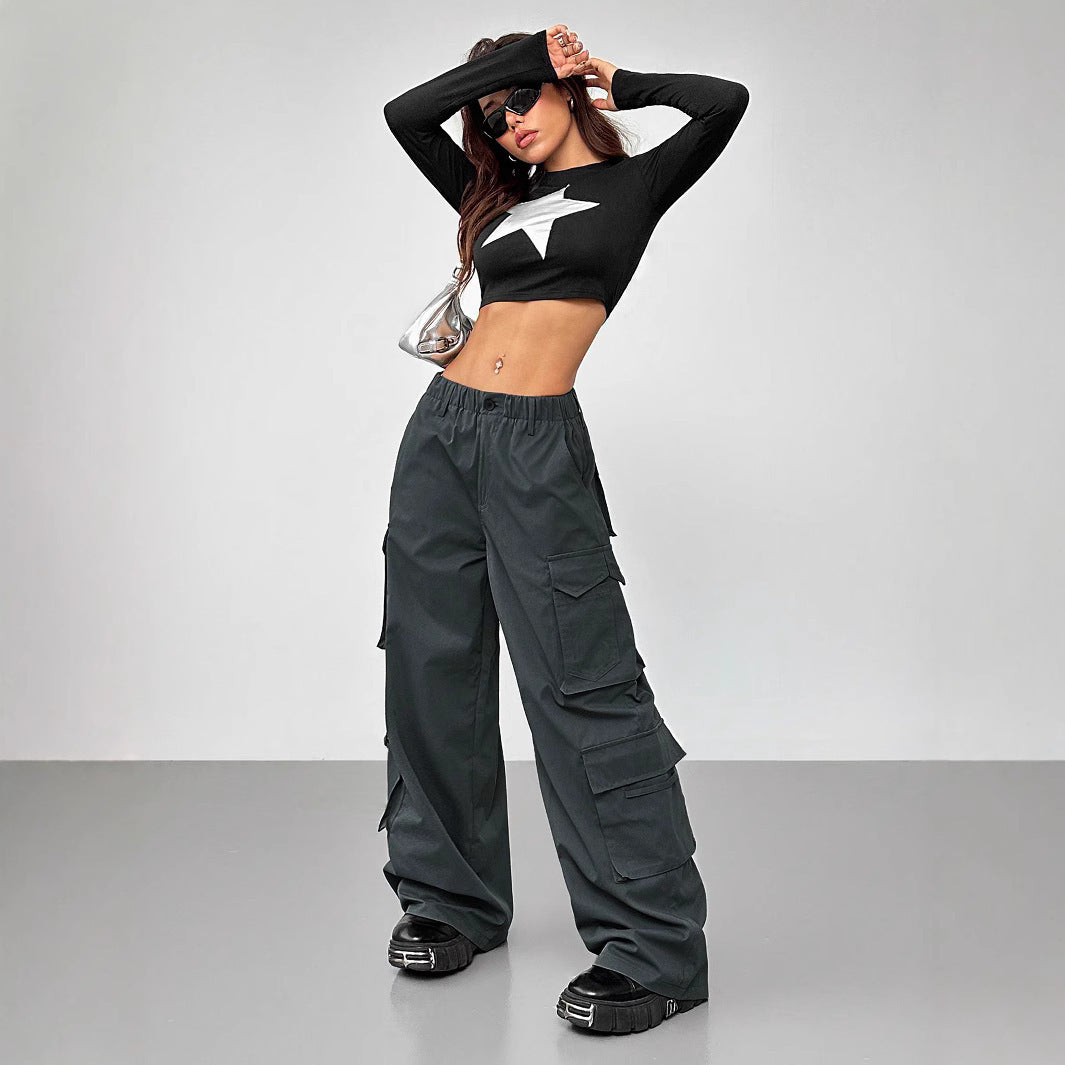 Casual Pants Elastic Waist High Waist Wide-leg Workwear Trousers