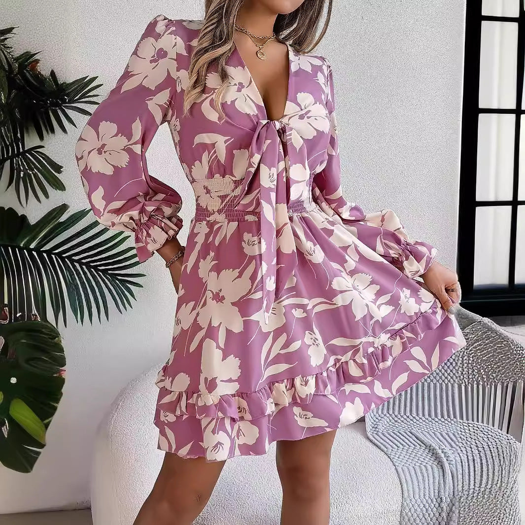 Women's Casual Flower Half Sleeve Ruffled A-line Dress