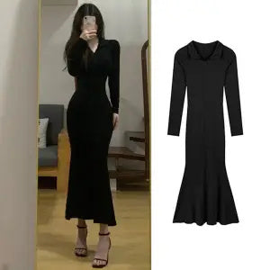 Waisted Herben-style Little Black Dress Slimming Tight Wrap Hip Skirt Long Style