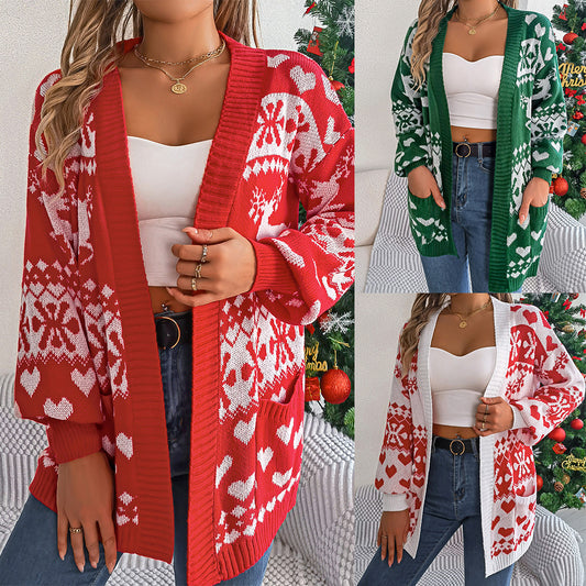 Christmas Clothes Women's Open Front Cardigan Knitwear Lantern Sleeve Xmas Printed Oversized Deer Sweater Pockets Knitted